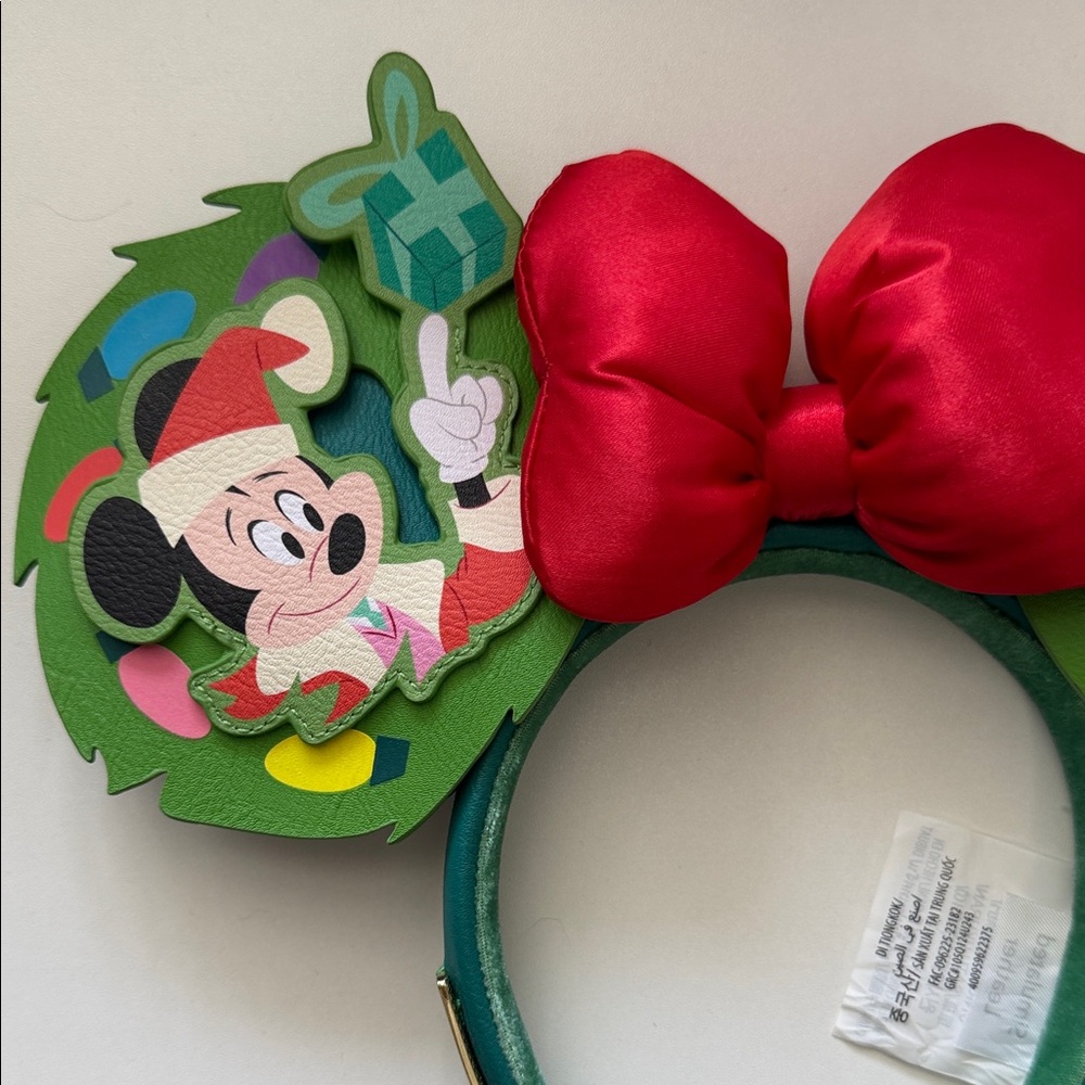 Disney Loungefly Minnie Mouse Holiday Wreath Ears Headband - Green, Red - Picture 3 of 6